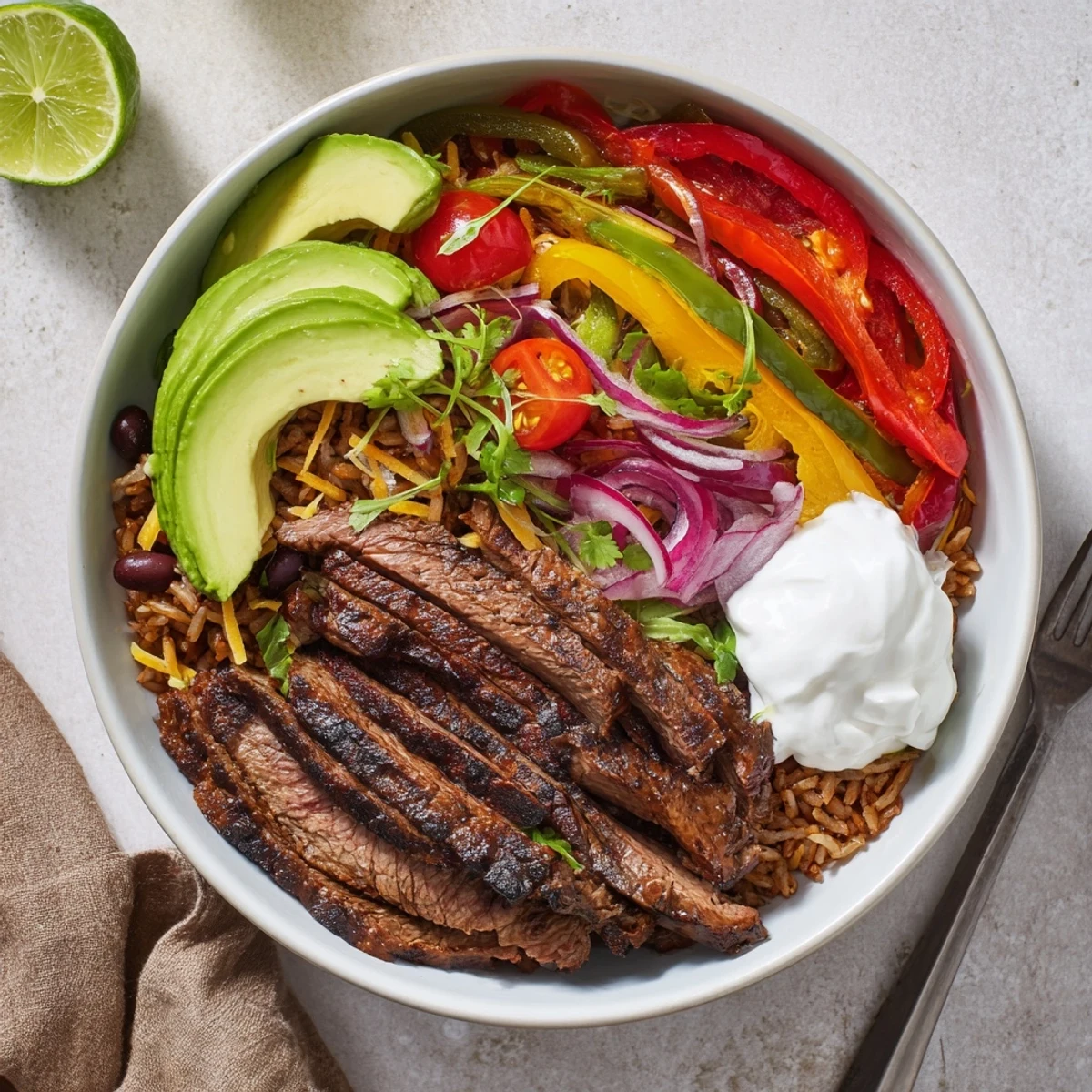 Bright Steak Fajita Power Bowls layered over warm brown rice and black beans.