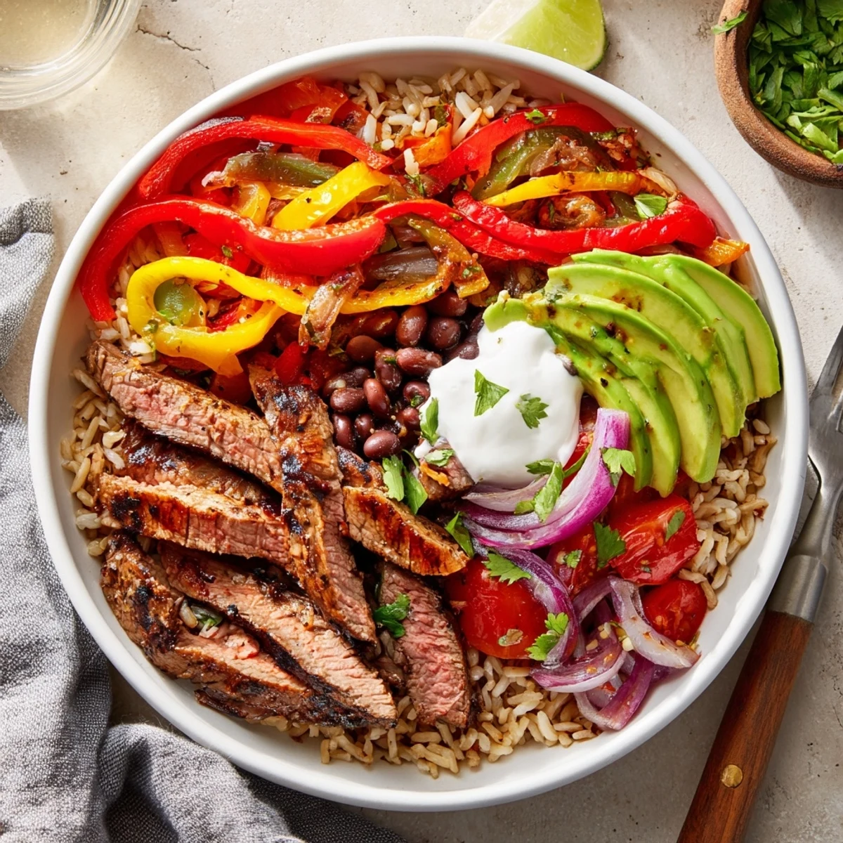 Steak Fajita Power Bowls with sizzling marinated steak, peppers, avocado, lime.