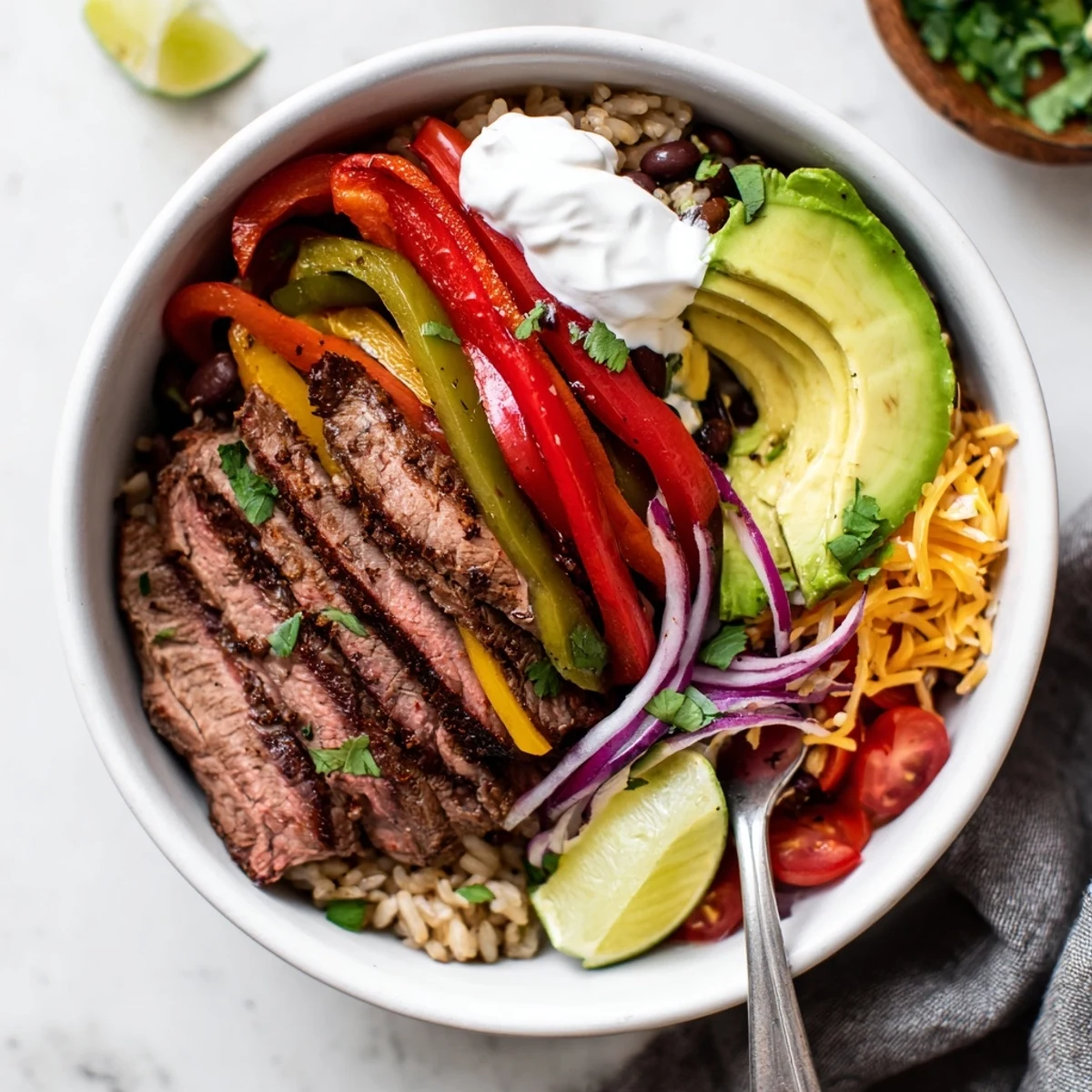 Family style Steak Fajita Power Bowls garnished with cilantro, lime wedges, creamy yogurt.