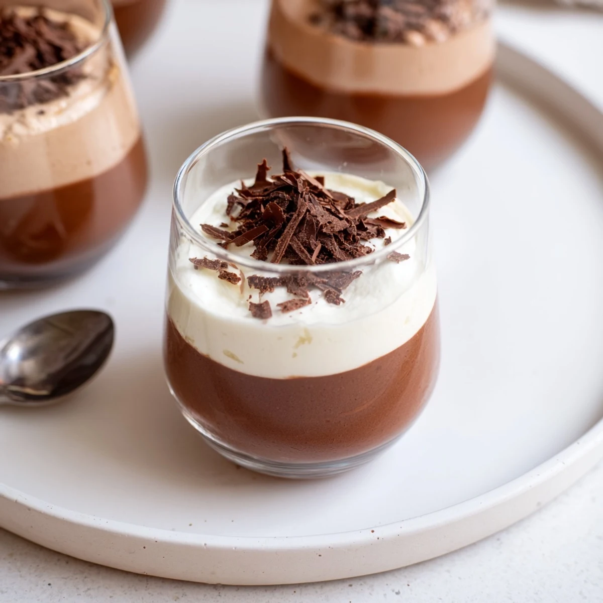 Triple Chocolate Mousse Cups with silky layered dark, milk, and white mousses