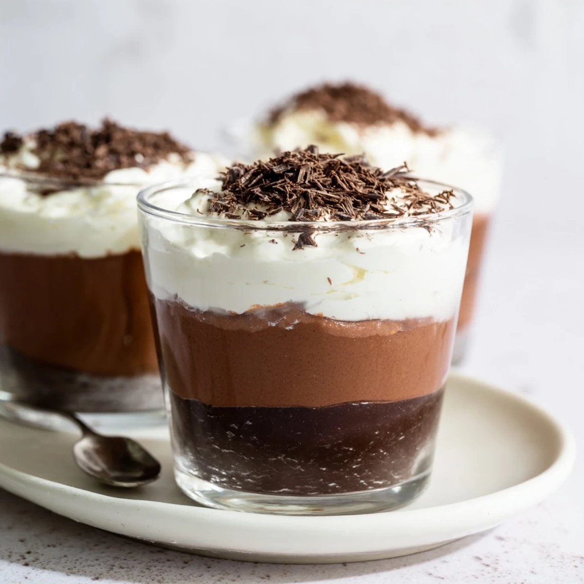Chilled Triple Chocolate Mousse Cups topped with shaved chocolate, perfect dinner-party dessert