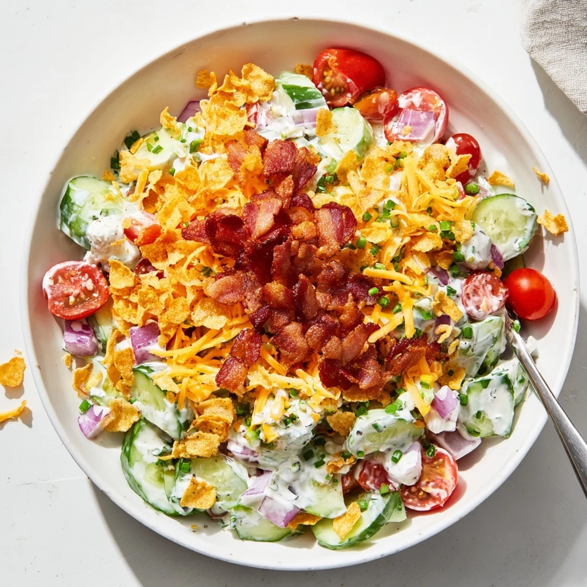 Cucumber Ranch Crack Salad piled in bowl, creamy ranch, crunchy bacon topping