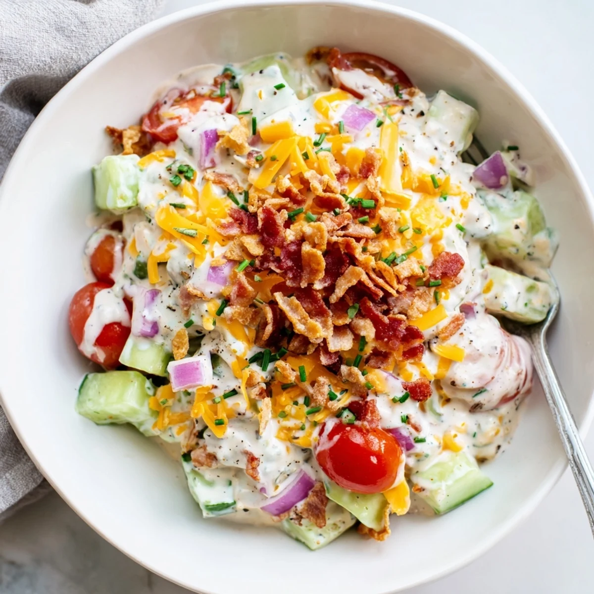 Chilled Cucumber Ranch Crack Salad with cheddar, potato chip crunch, picnic-ready