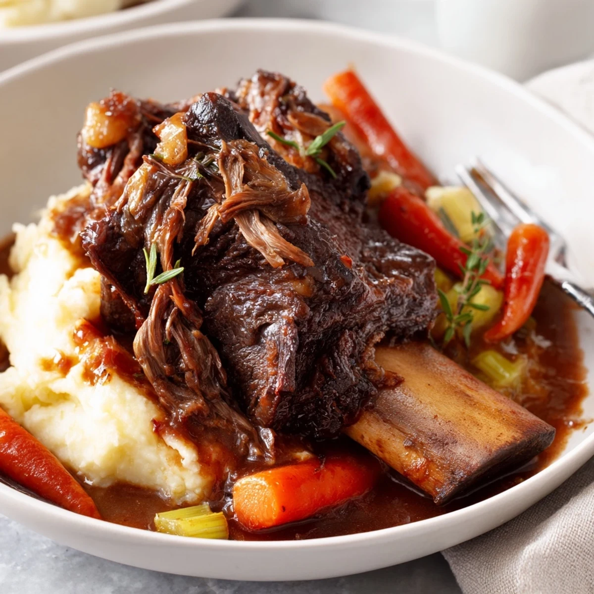 Slow Cooker Beef Short Ribs glistening in rich sauce, meat falling apart