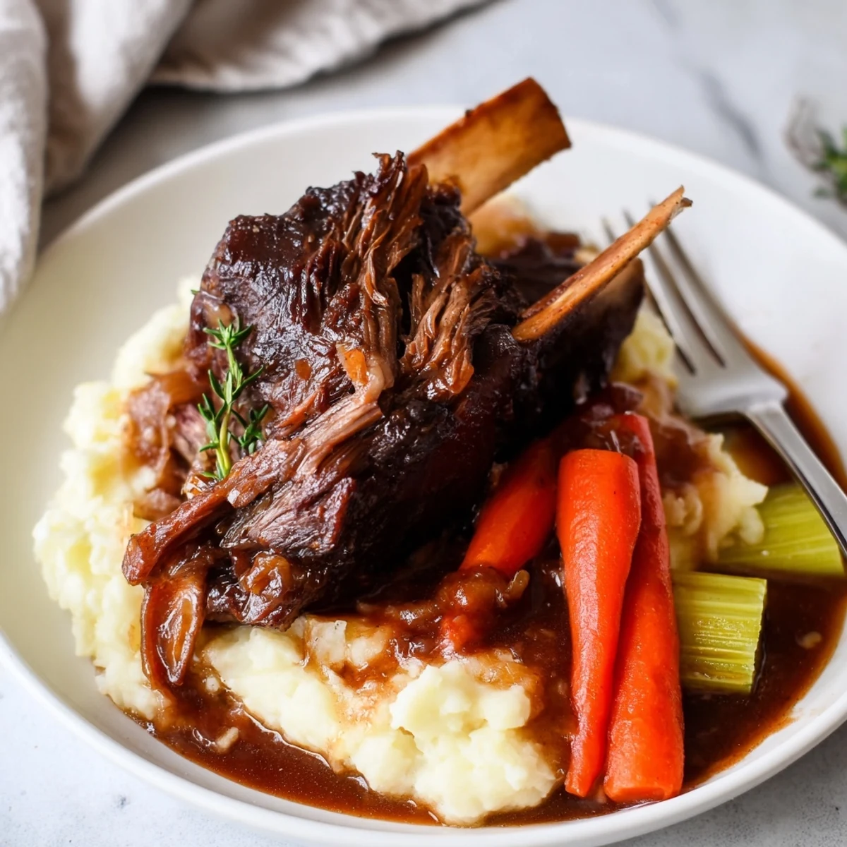Slow Cooker Beef Short Ribs served over creamy mashed potatoes, aromatic gravy