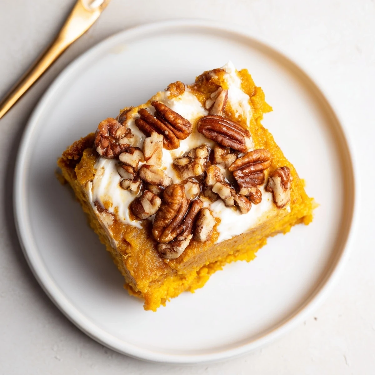 Pumpkin Dump Cake baking in a golden pan, gooey pumpkin and crunchy pecan topping
