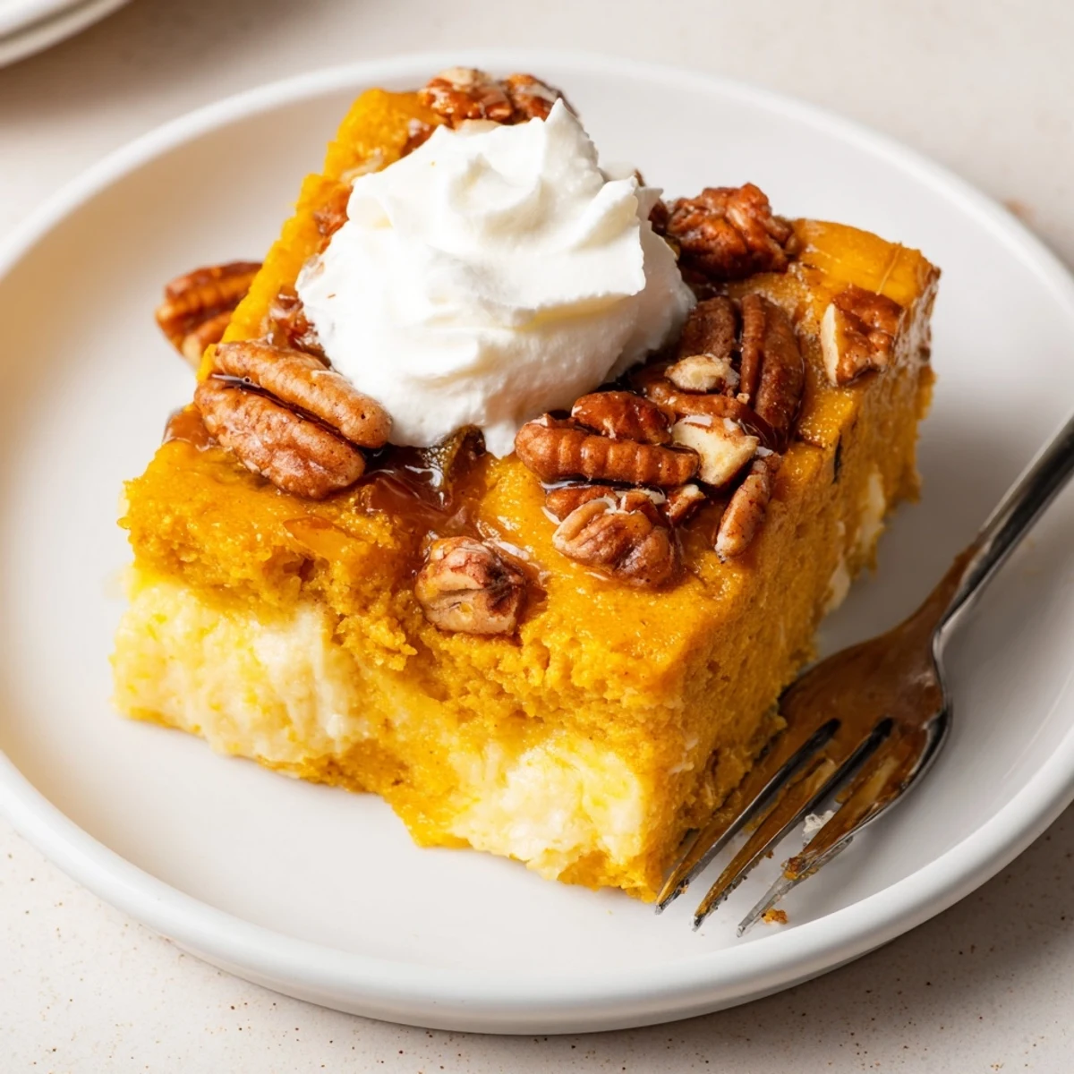 Slice of Pumpkin Dump Cake served warm with melting vanilla ice cream
