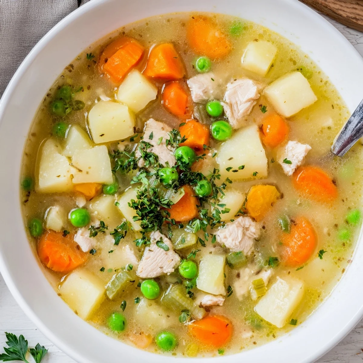 Steam rising from Comforting Chicken Soup With Potatoes ladled into rustic bowl