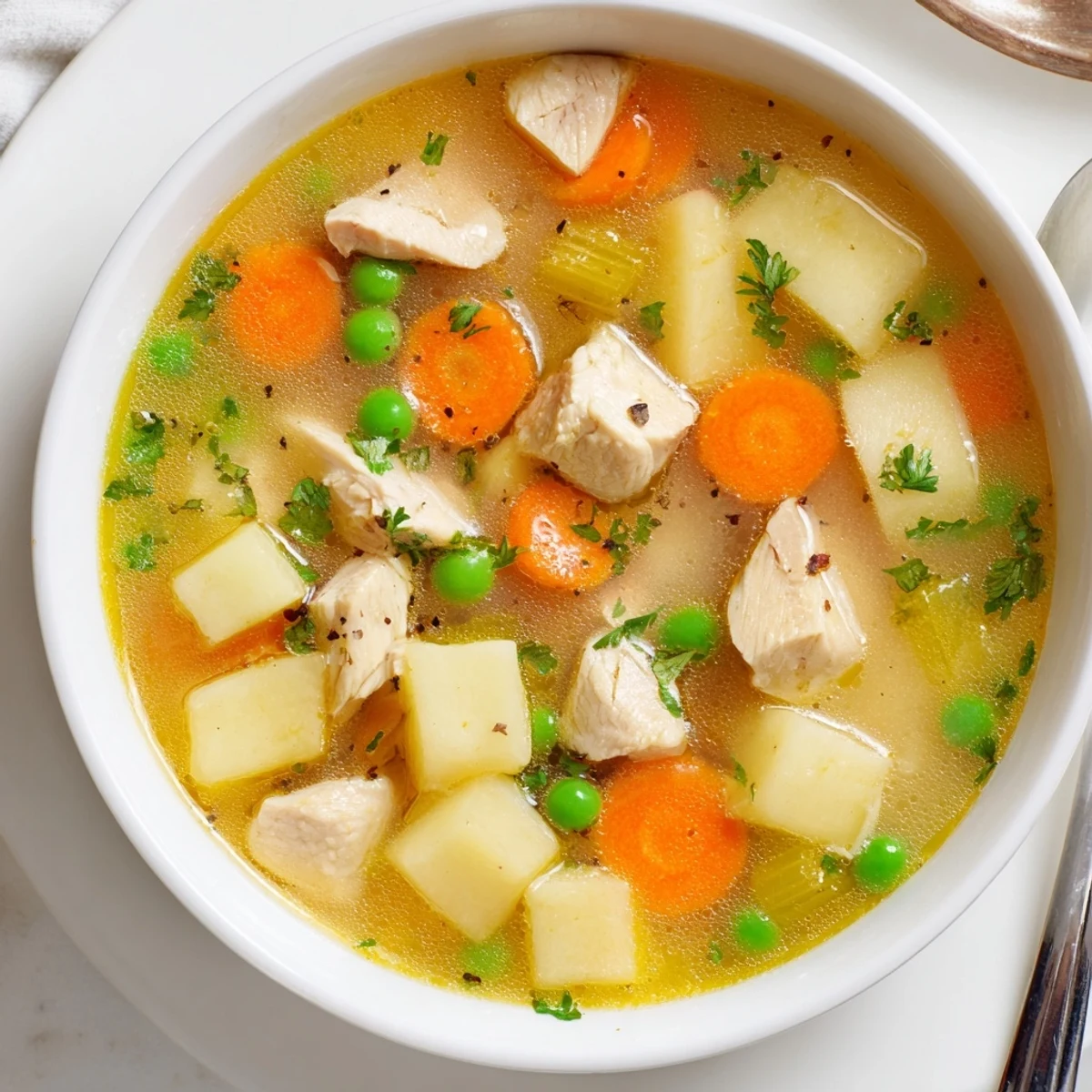 Comforting Chicken Soup With Potatoes brimming with tender meat, chunky potatoes, aromatic broth