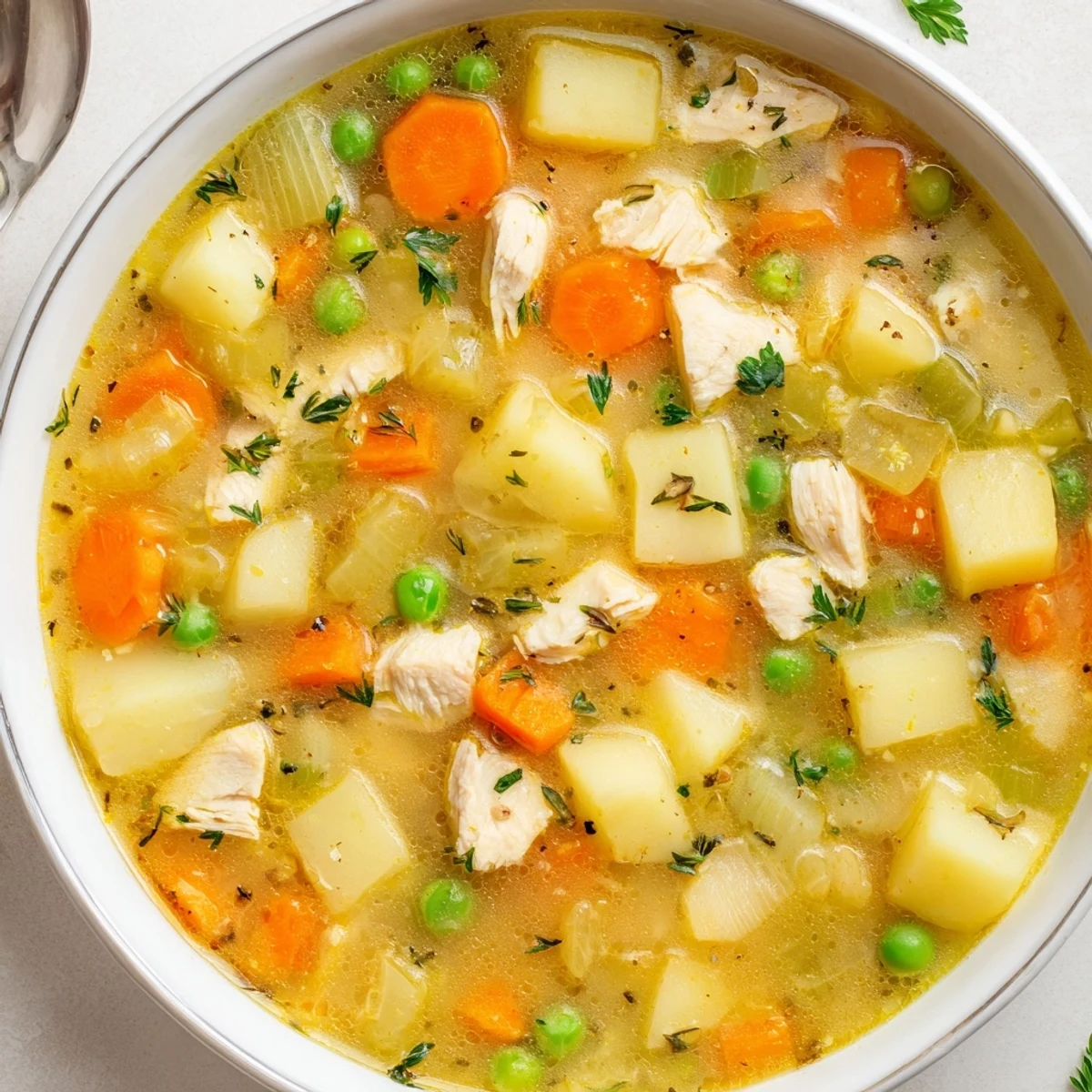 Bowl of Comforting Chicken Soup With Potatoes beside crusty bread, perfect for cozy nights