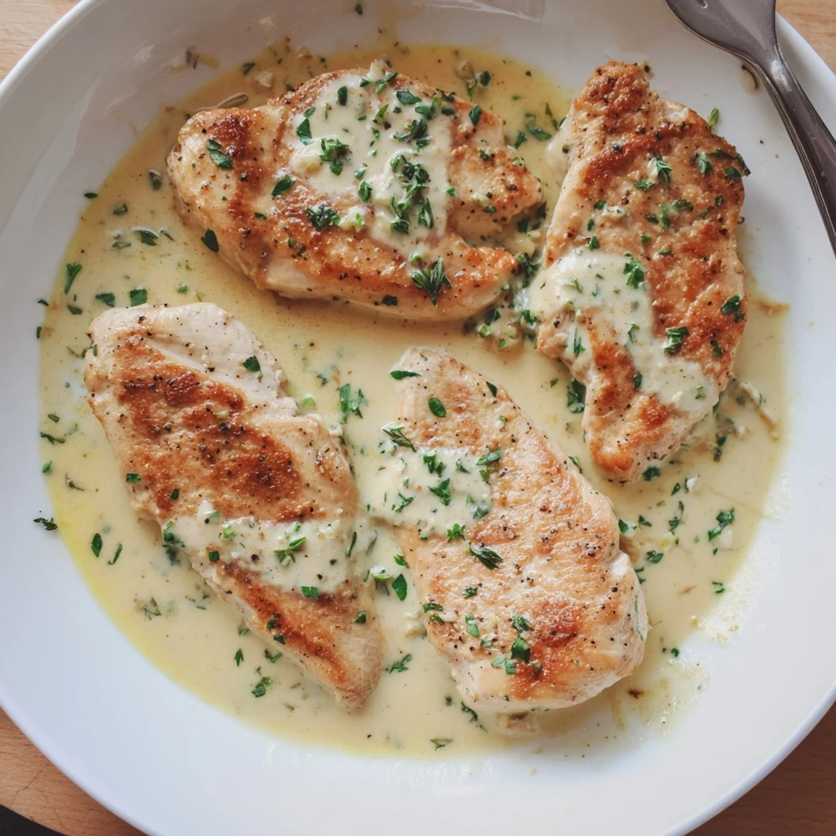 Creamy Herb Chicken in skillet, golden breasts bathed in fragrant garlic-herb sauce