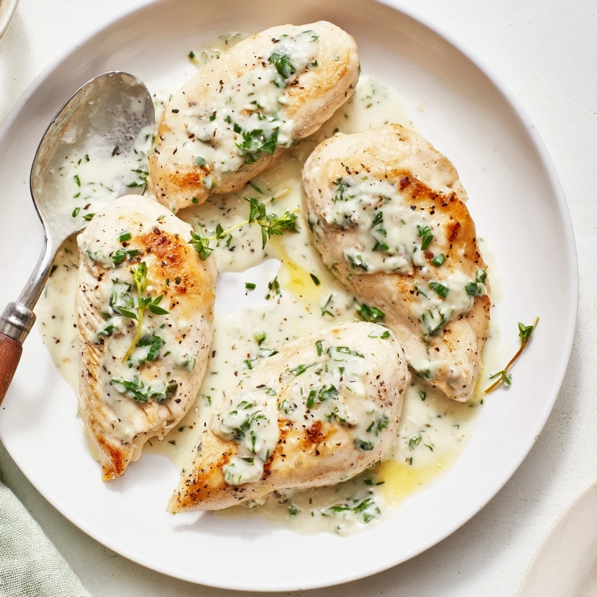 Warm Creamy Herb Chicken served over mashed potatoes, aromatic and comforting