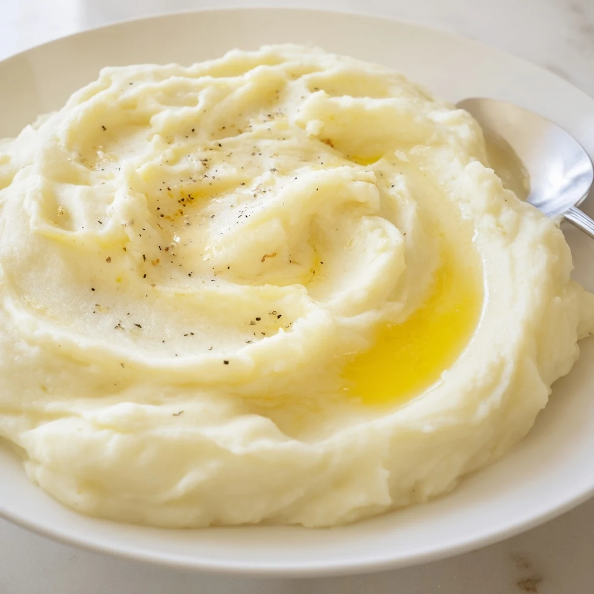Mashed potatoes topped with melting butter, ready beside roast chicken