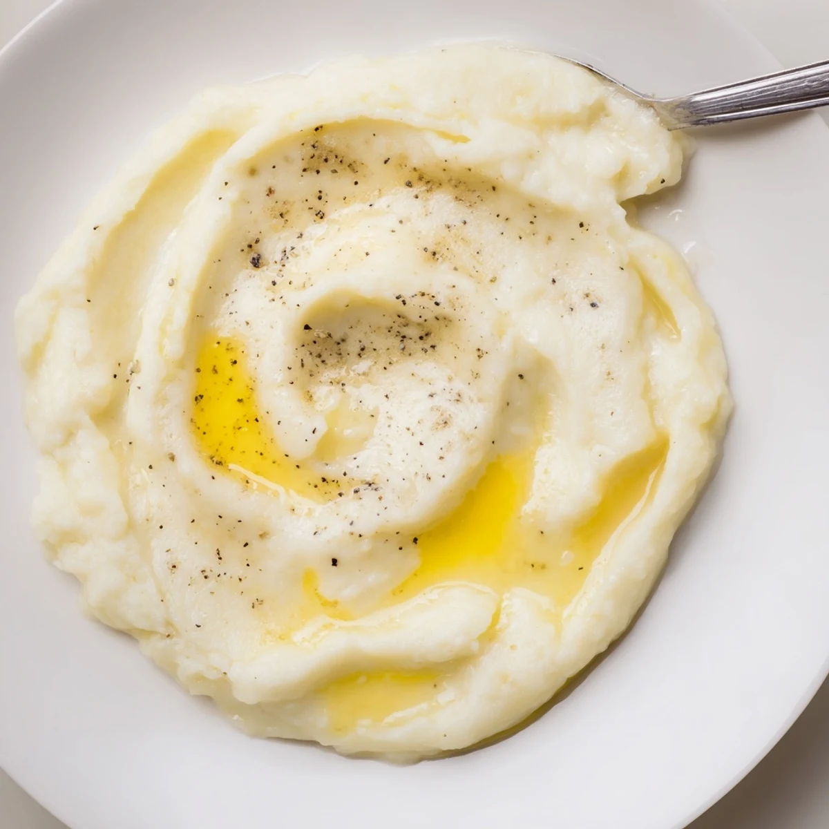Rustic mashed potatoes whipped with warm milk, flecks of black pepper