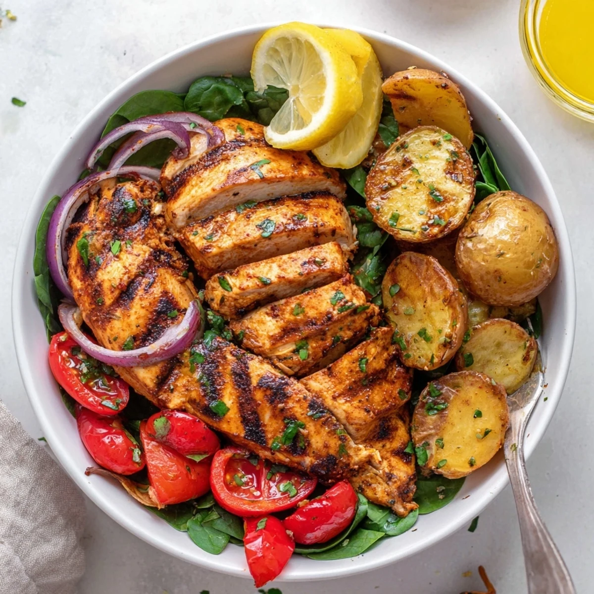 Crisp spinach base beneath Skinny Chicken And Roasted Potato Bowl, herby parsley garnish.