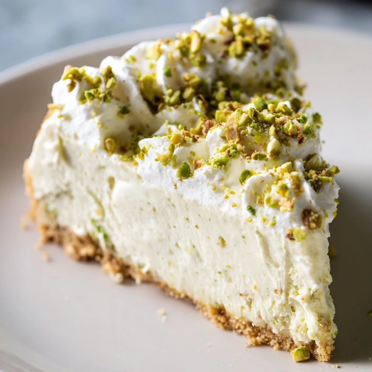 Creamy homemade pistachio cheesecake with buttery graham cracker crust and chopped pistachio garnish