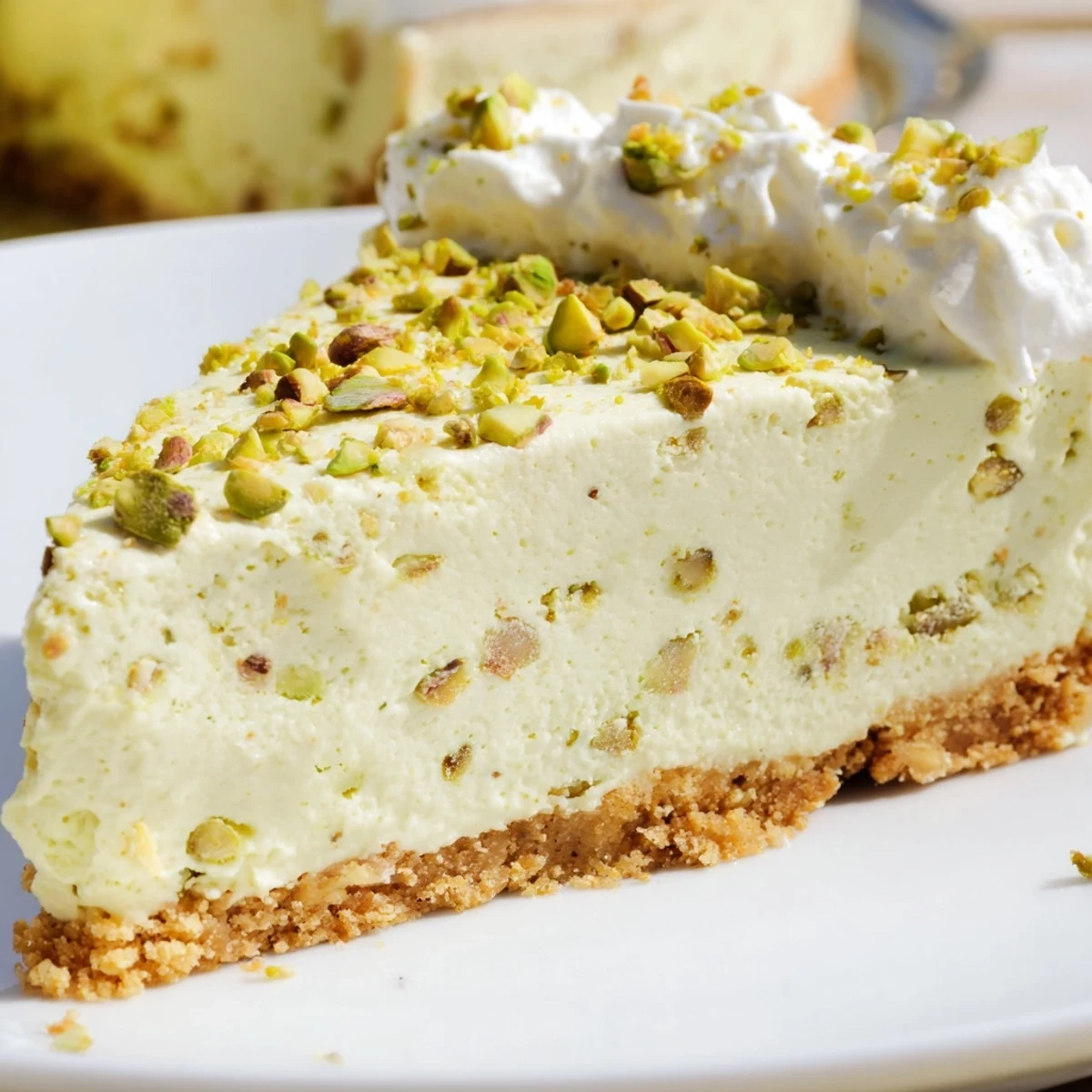Rich pistachio cheesecake slice topped with whipped cream and green nutty pistachio pieces