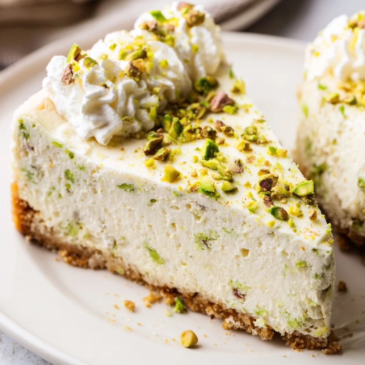 Golden-crusted pistachio cheesecake plated with dollop of sweetened cream and nut sprinkle