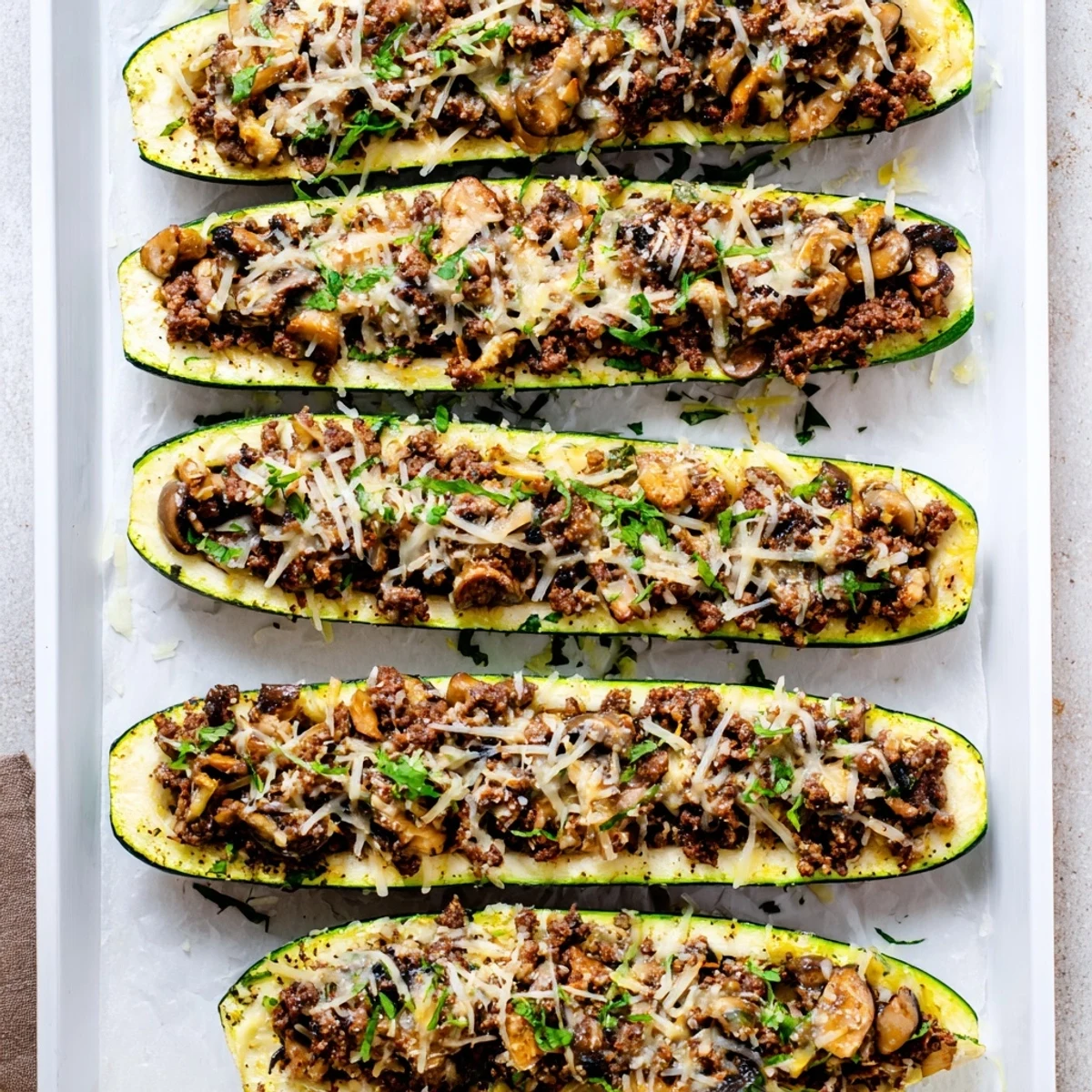 Golden melted cheese tops beef tenderloin mushroom stuffed zucchini boats fresh from the oven