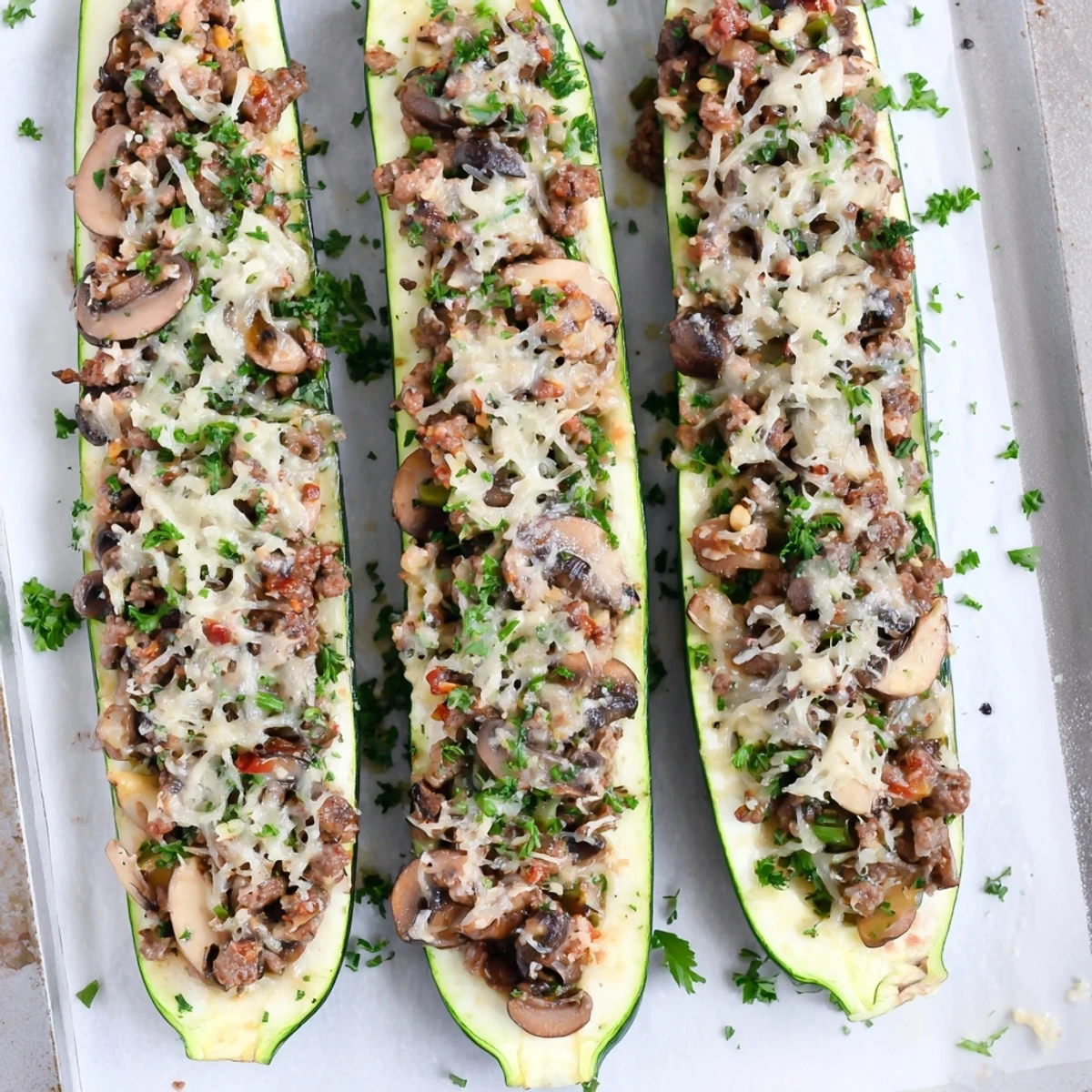 Baked zucchini boats filled with seasoned beef tenderloin and mushrooms finished with Parmesan crust