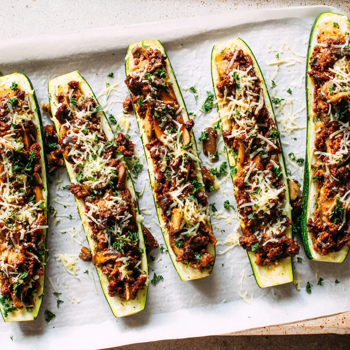 Tender zucchini halves overflowing with savory beef tenderloin mushroom mixture and bubbling Gruyère cheese