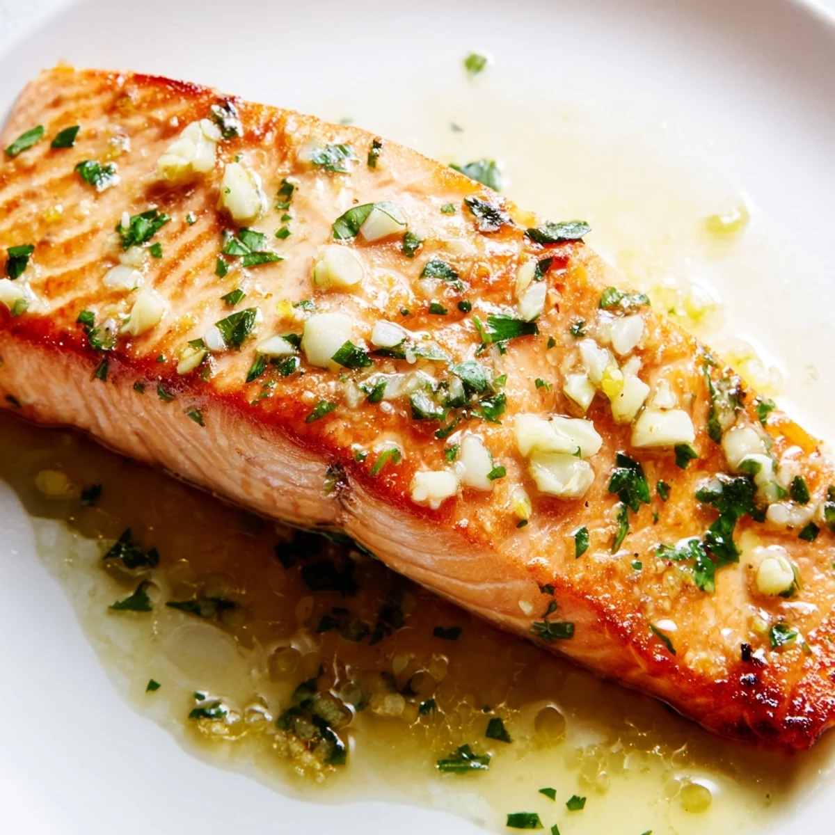Golden pan seared salmon fillets with crispy skin topped with rich garlic butter sauce and fresh parsley