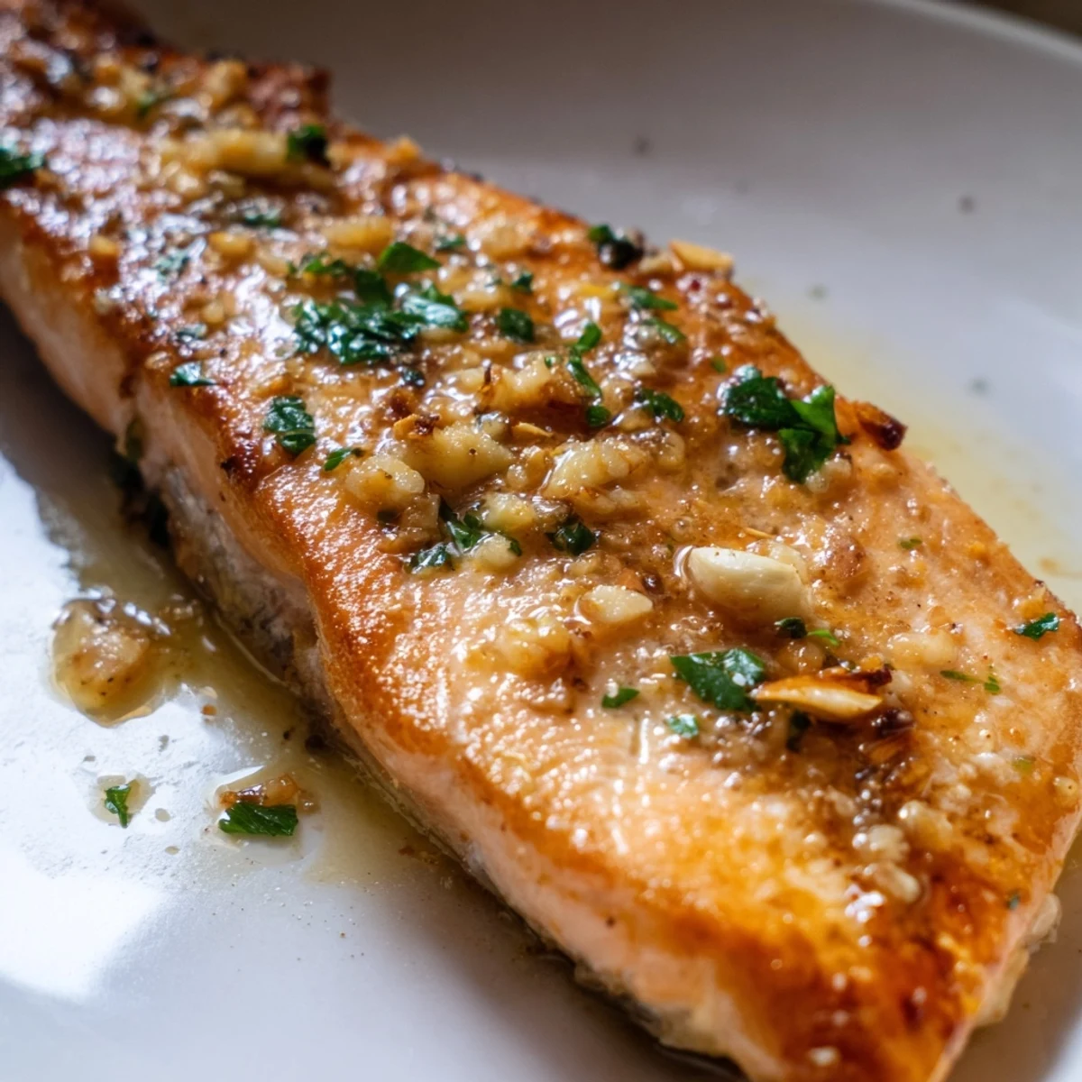 Perfectly cooked pan seared salmon resting on white plate drizzled with melted garlic butter and lemon wedges