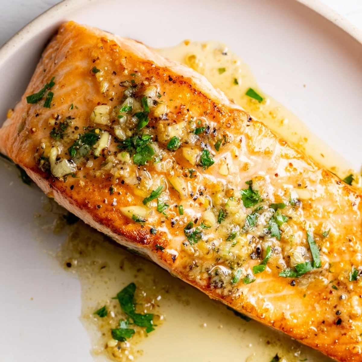 Restaurant style pan seared salmon with golden exterior basted in savory garlic butter sauce