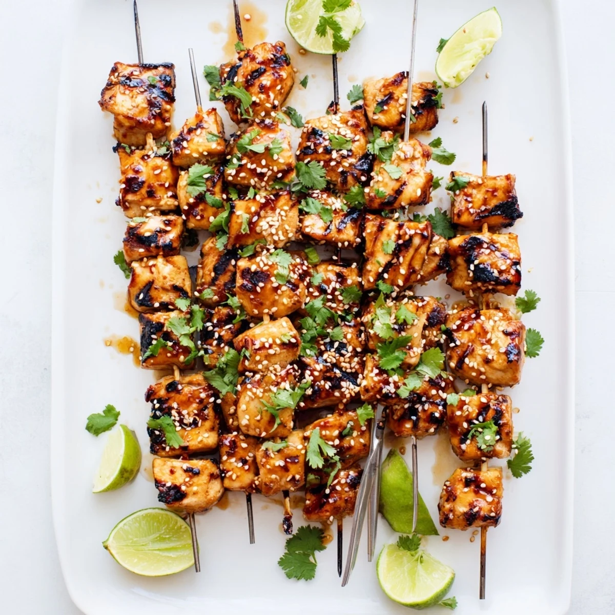Golden spicy honey garlic chicken skewers fresh off the grill with charred edges and glossy glaze