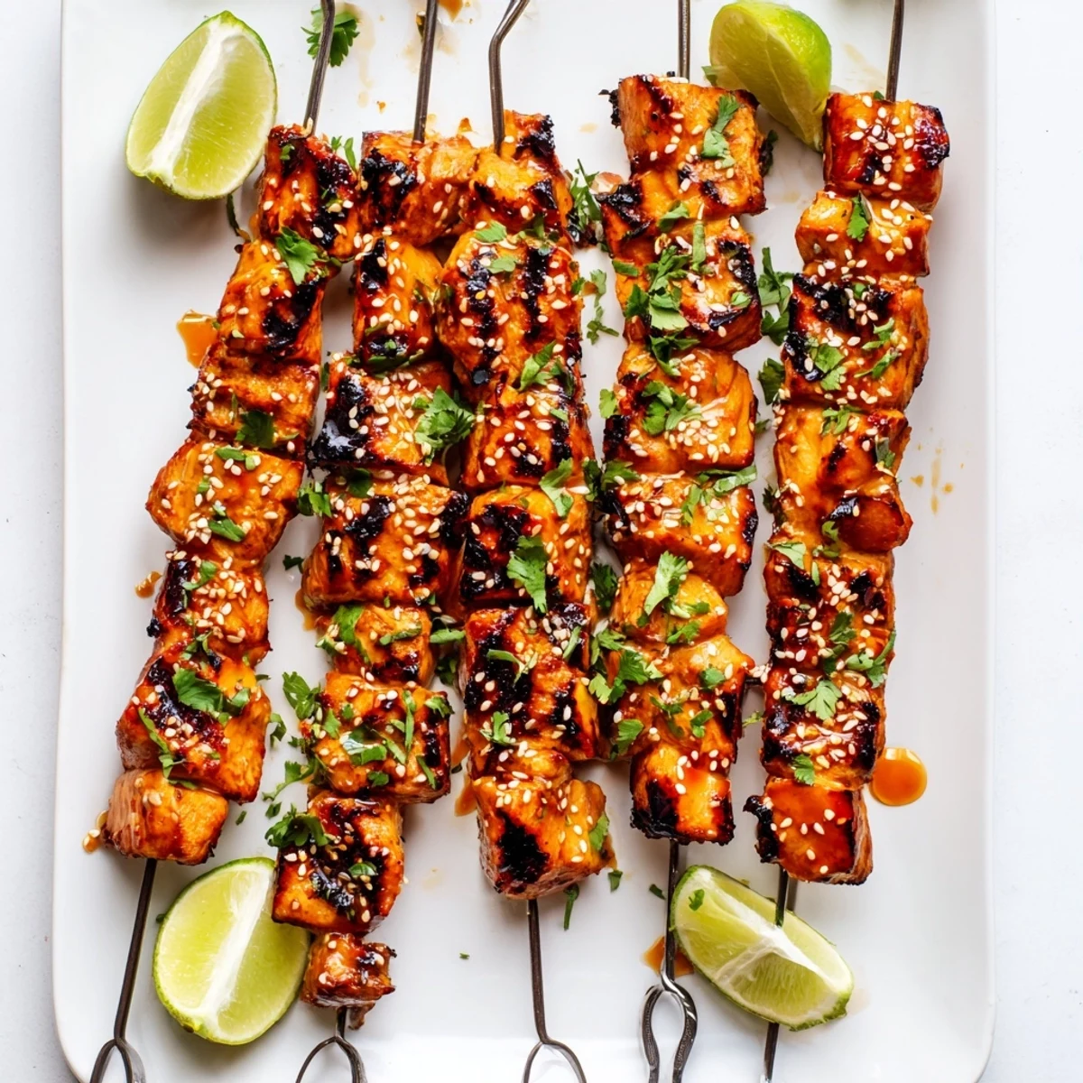 Juicy grilled chicken skewers threaded onto wooden sticks coated in sticky sweet and spicy honey garlic sauce