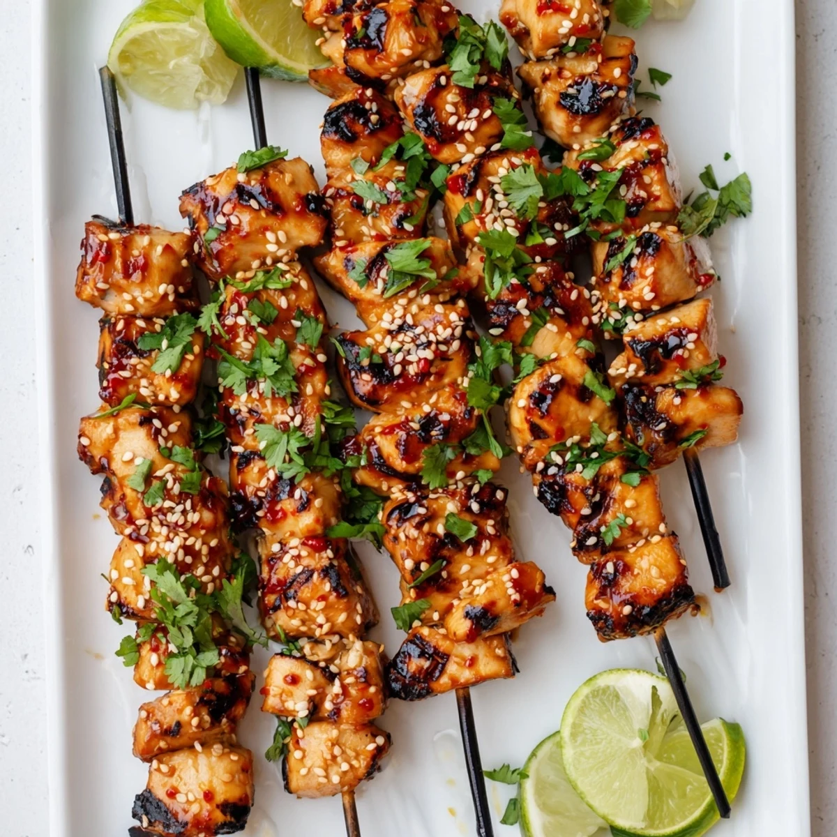 Perfectly grilled spicy honey garlic chicken skewers garnished with fresh cilantro and lime wedges on a white serving plate