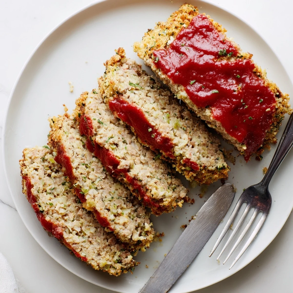 Sliced turkey meatloaf featuring crispy Parmesan breadcrumb topping over juicy seasoned meat