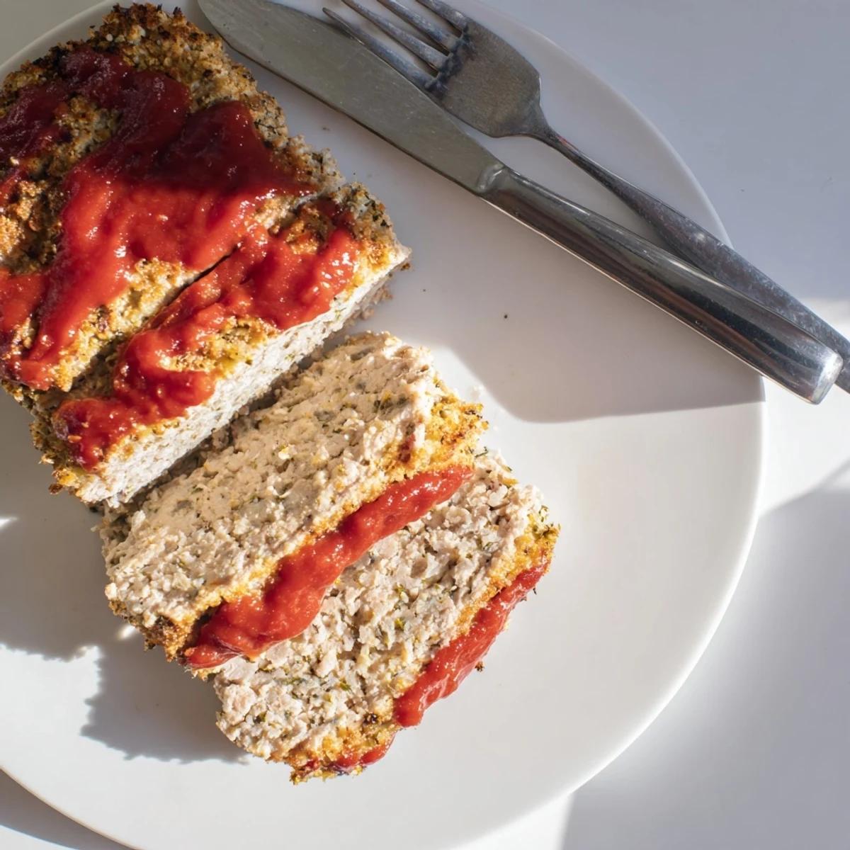 Golden brown Parmesan crusted turkey meatloaf with ketchup glaze and fresh parsley garnish
