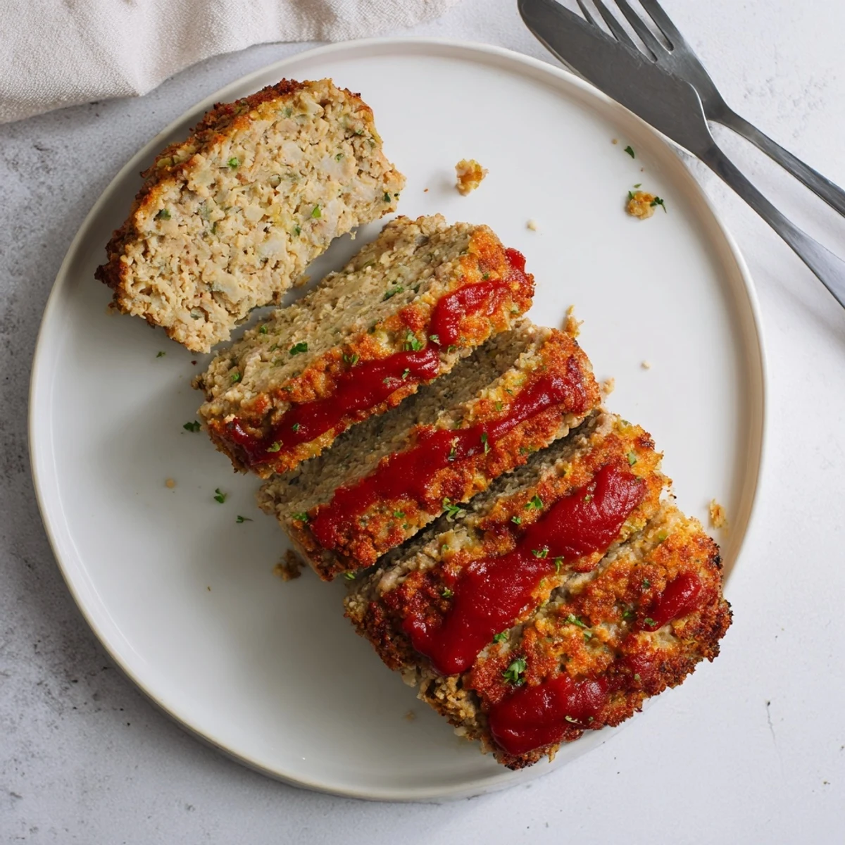 Baked meatloaf with golden Parmesan panko crust served on white platter