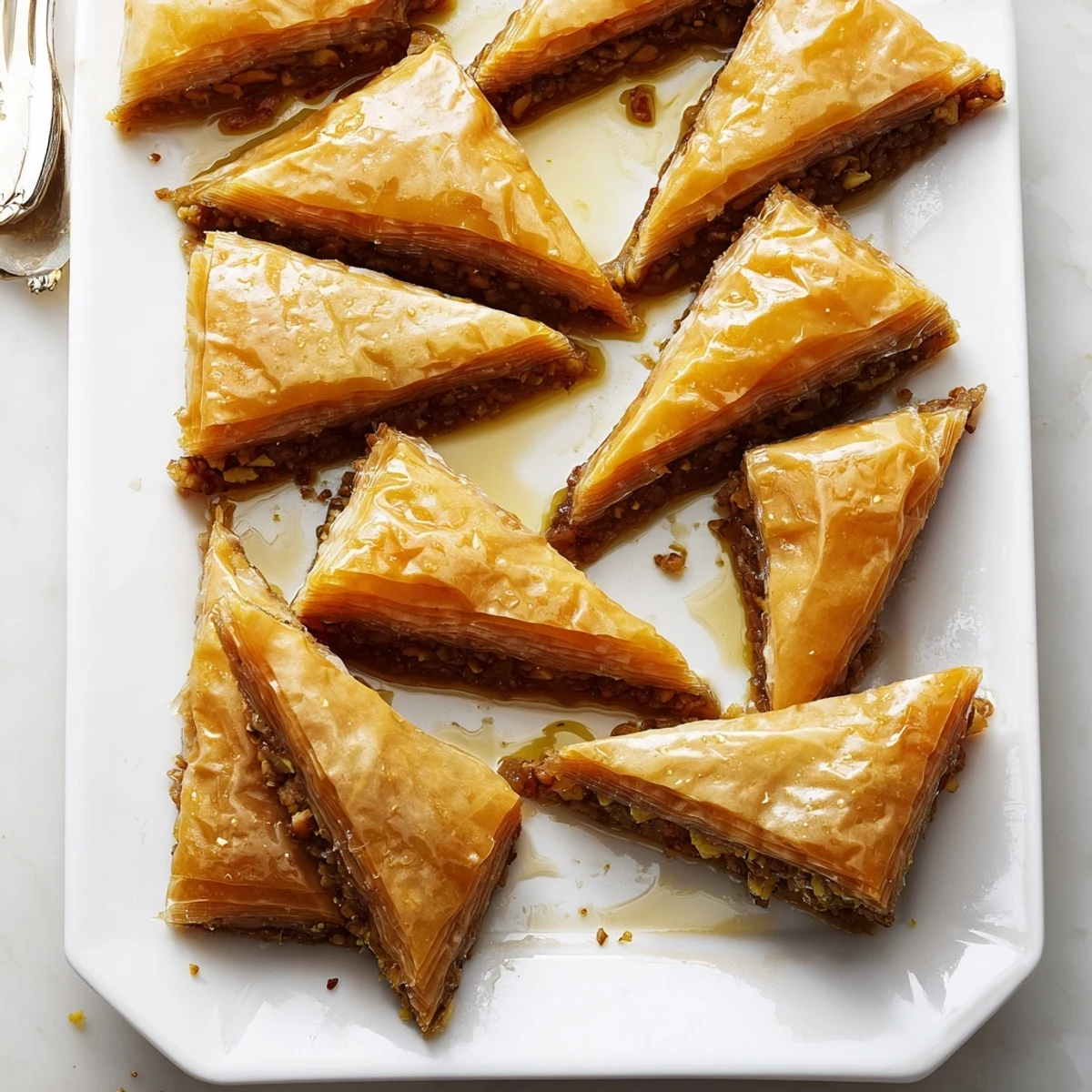 Golden baklava dessert with flaky phyllo layers, chopped nuts, and sweet honey syrup drizzled over the crispy pastry