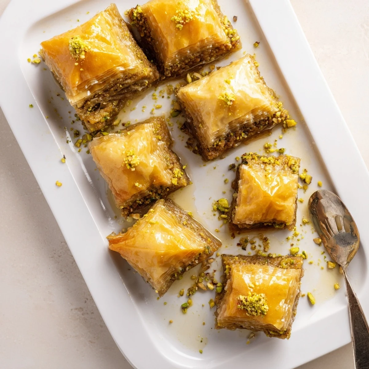 Middle Eastern baklava arranged on a serving platter, showcasing diamond-cut pieces with walnuts and pistachios