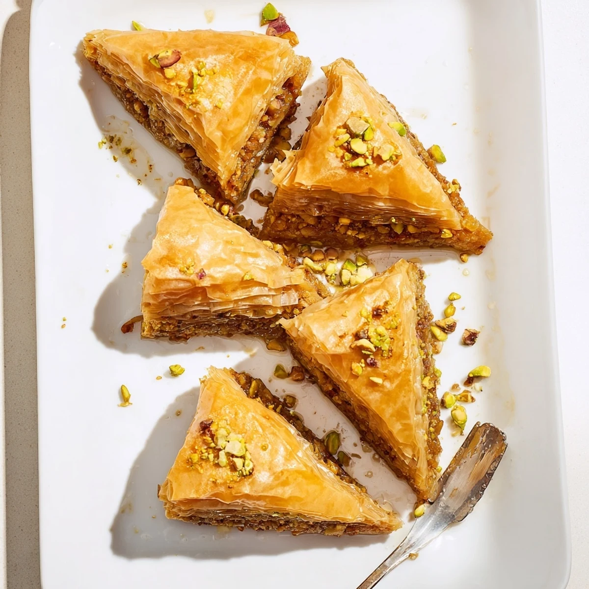 Homemade baklava fresh from the oven with buttery golden phyllo pastry absorbing aromatic cinnamon syrup