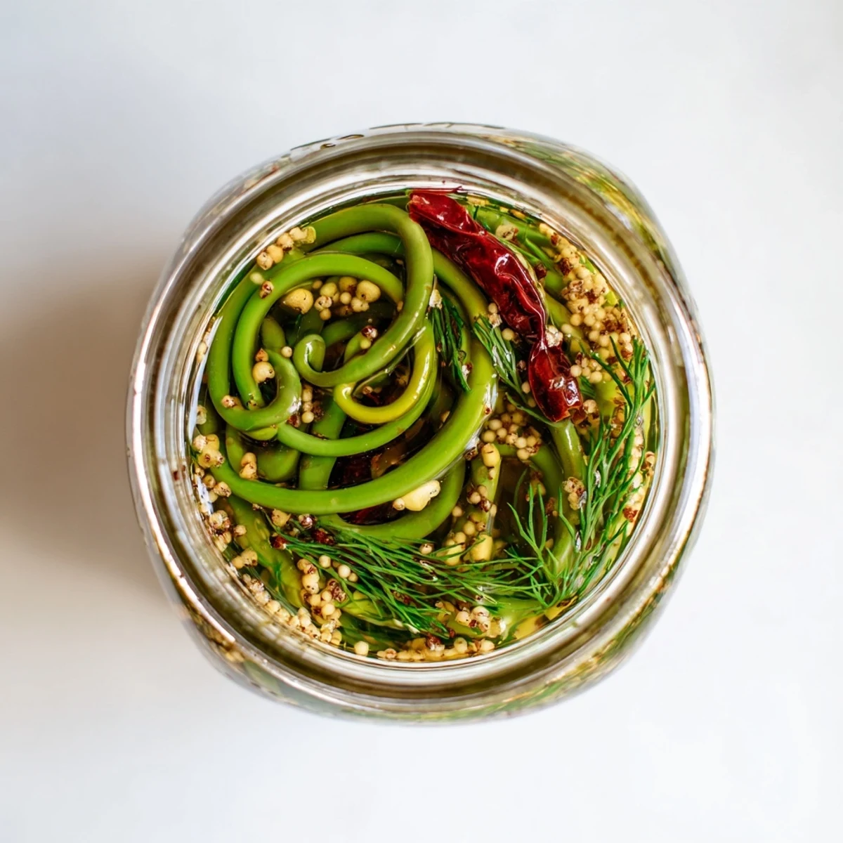 Golden garlic scapes submerged in clear vinegar brine with red pepper flakes and spices in a glass mason jar