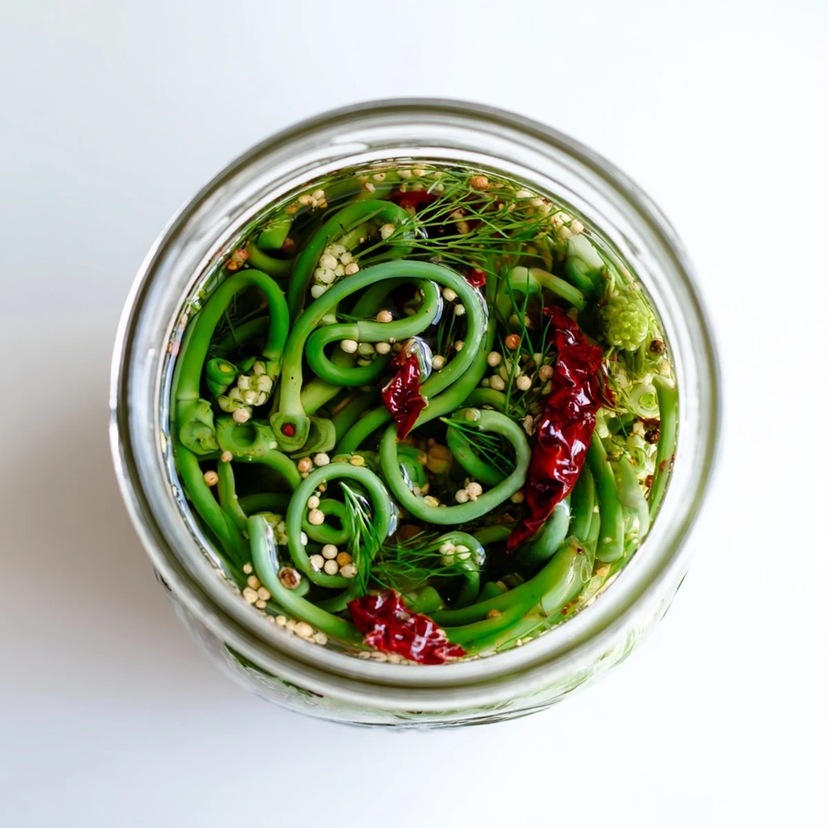 Tall jar packed with curly green garlic scapes pickling in spiced vinegar with visible mustard seeds and peppercorns