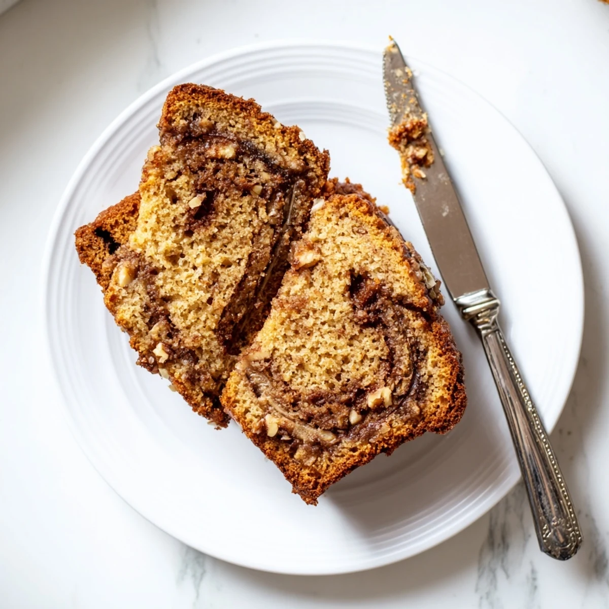 Golden banana nut bread loaf with cinnamon swirl and chopped walnuts on a wooden cutting board