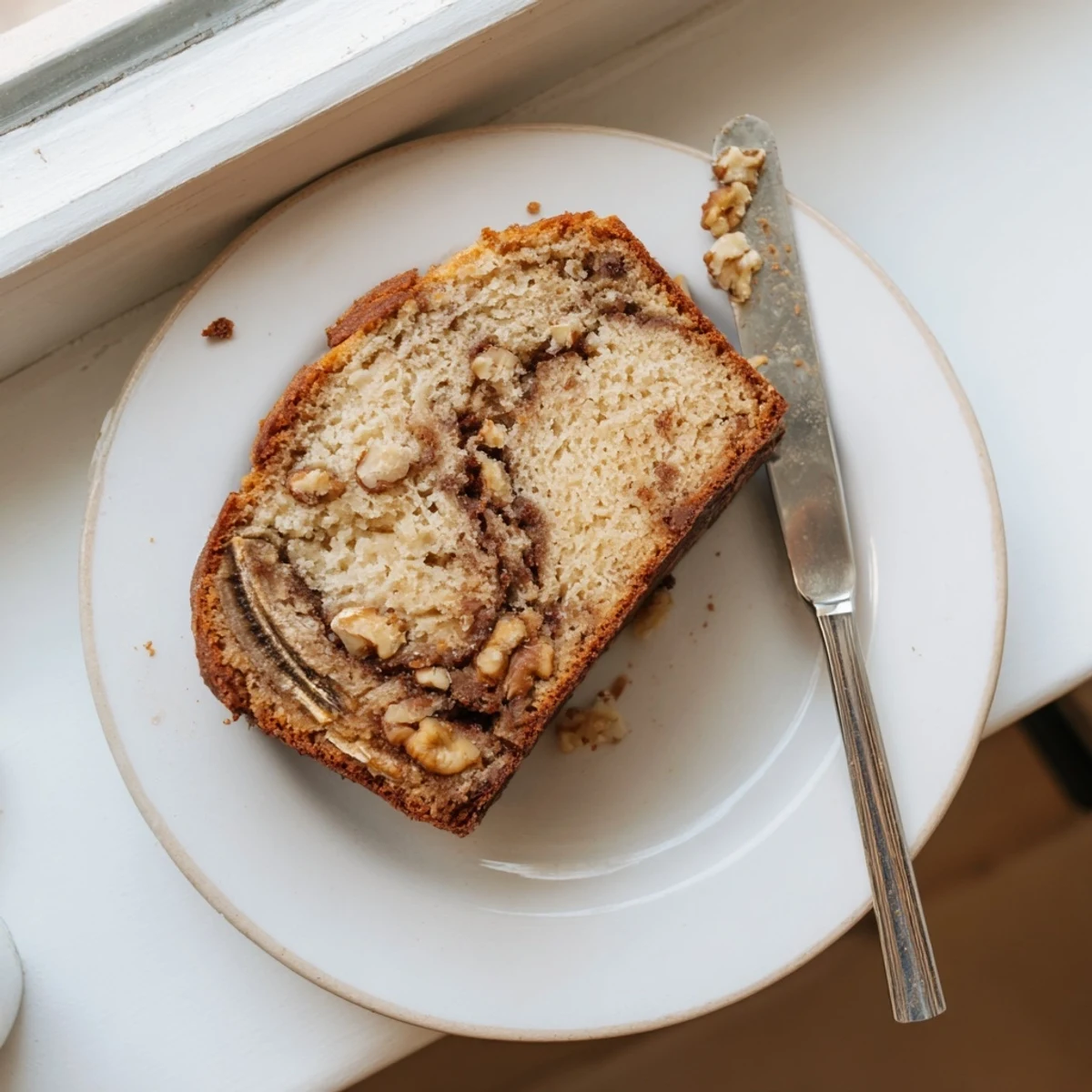 Moist banana bread with cinnamon sugar swirl and crunchy walnuts, sliced to reveal marbled interior