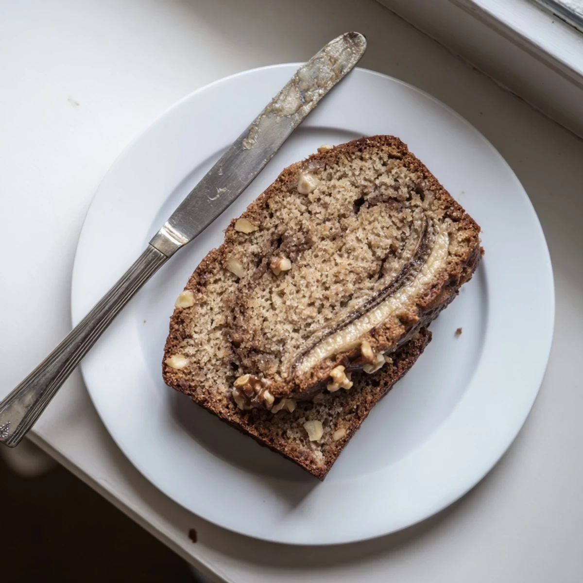 Warm slice of banana nut bread with cinnamon swirl topped with walnuts, served on white plate