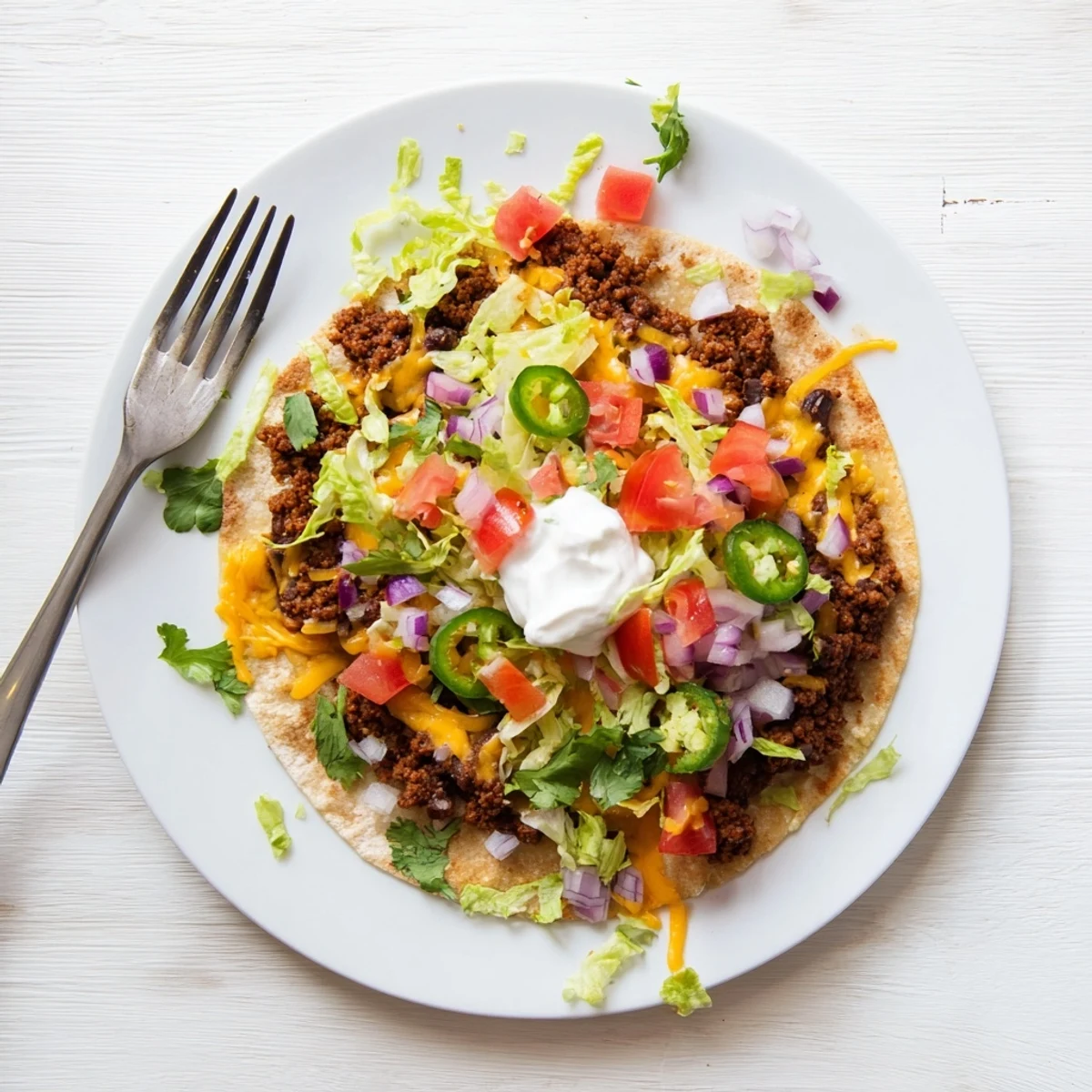 Smashed beef patties sizzling on flour tortillas with bubbling cheese and fresh taco toppings