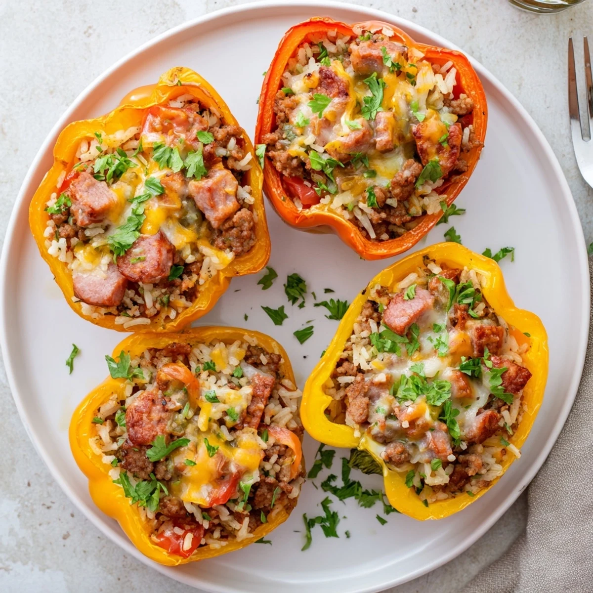 Golden melted cheese tops these Kielbasa stuffed bell peppers with savory beef and rice filling