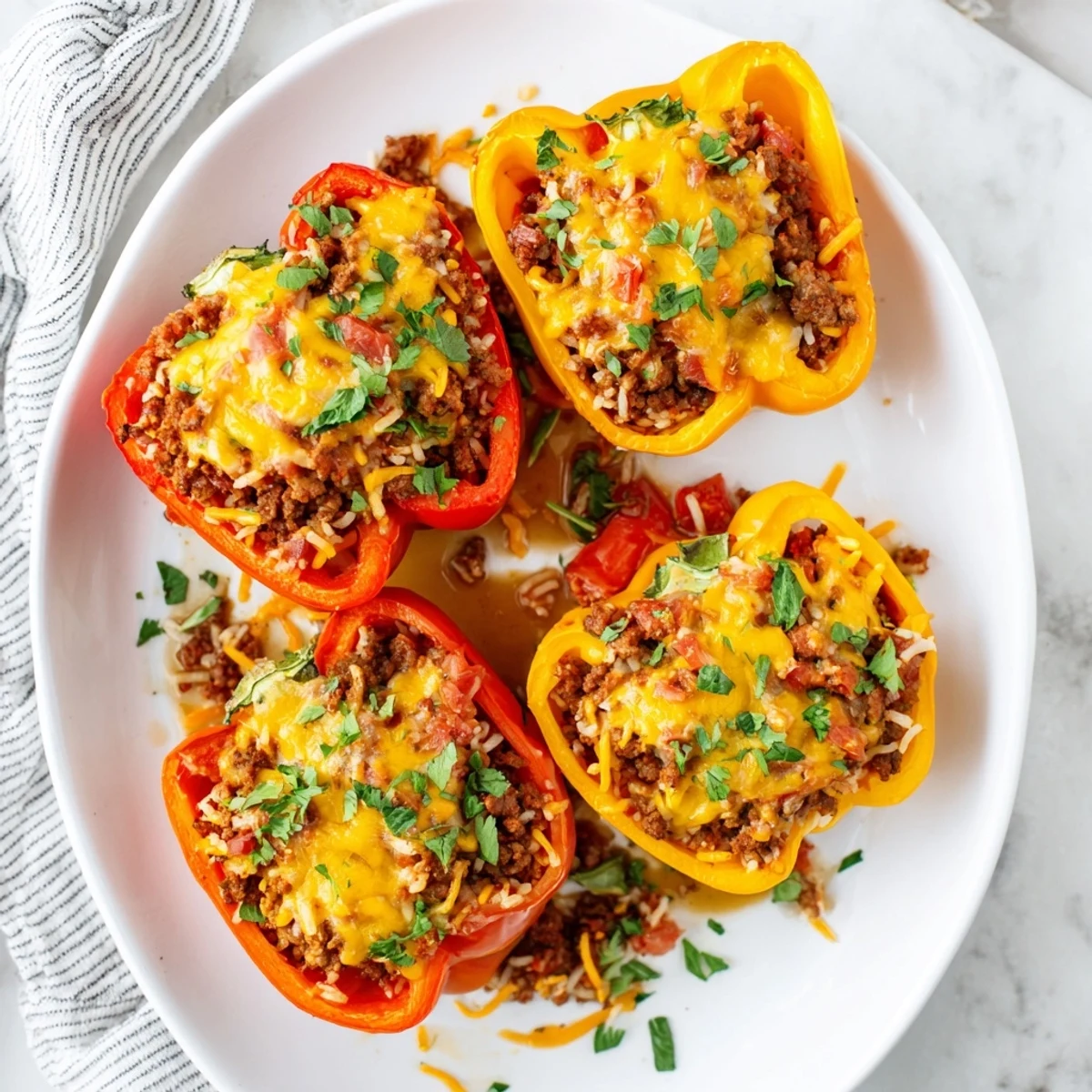 Vibrant red and green peppers overflowing with hearty beef rice mixture and melted cheddar cheese