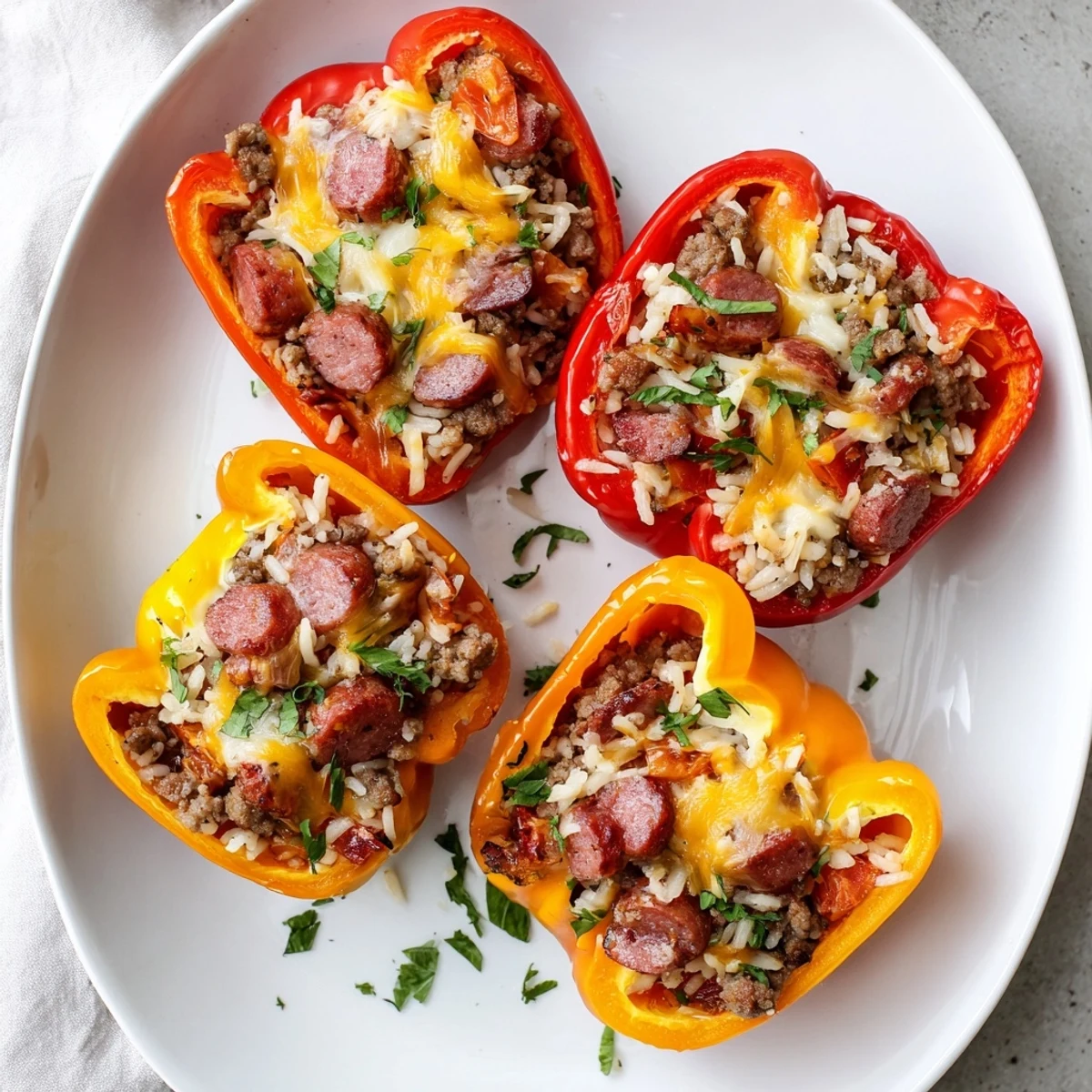 Baked Kielbasa stuffed bell peppers plated on white dish showing golden cheesy beef rice filling