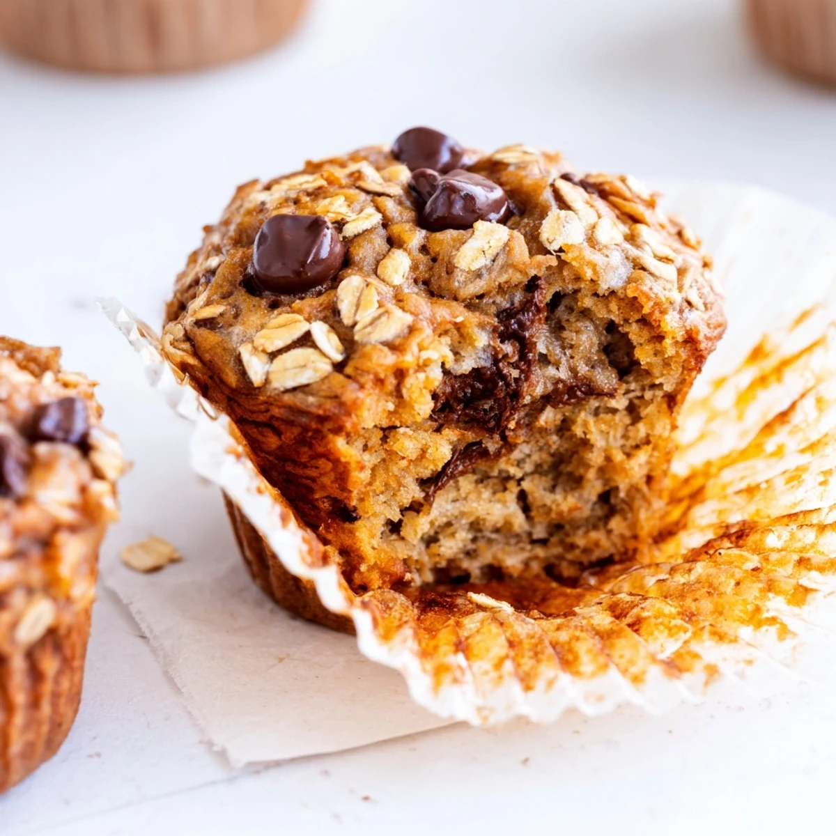 Freshly baked banana chocolate chip muffins with oats, golden tops and melted chocolate peeking through the crumb