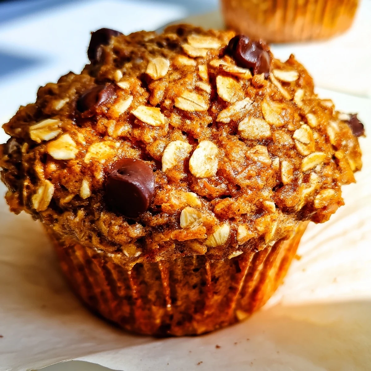 Soft banana chocolate chip muffins with oats cooling on wire rack, speckled with semi-sweet chocolate chips