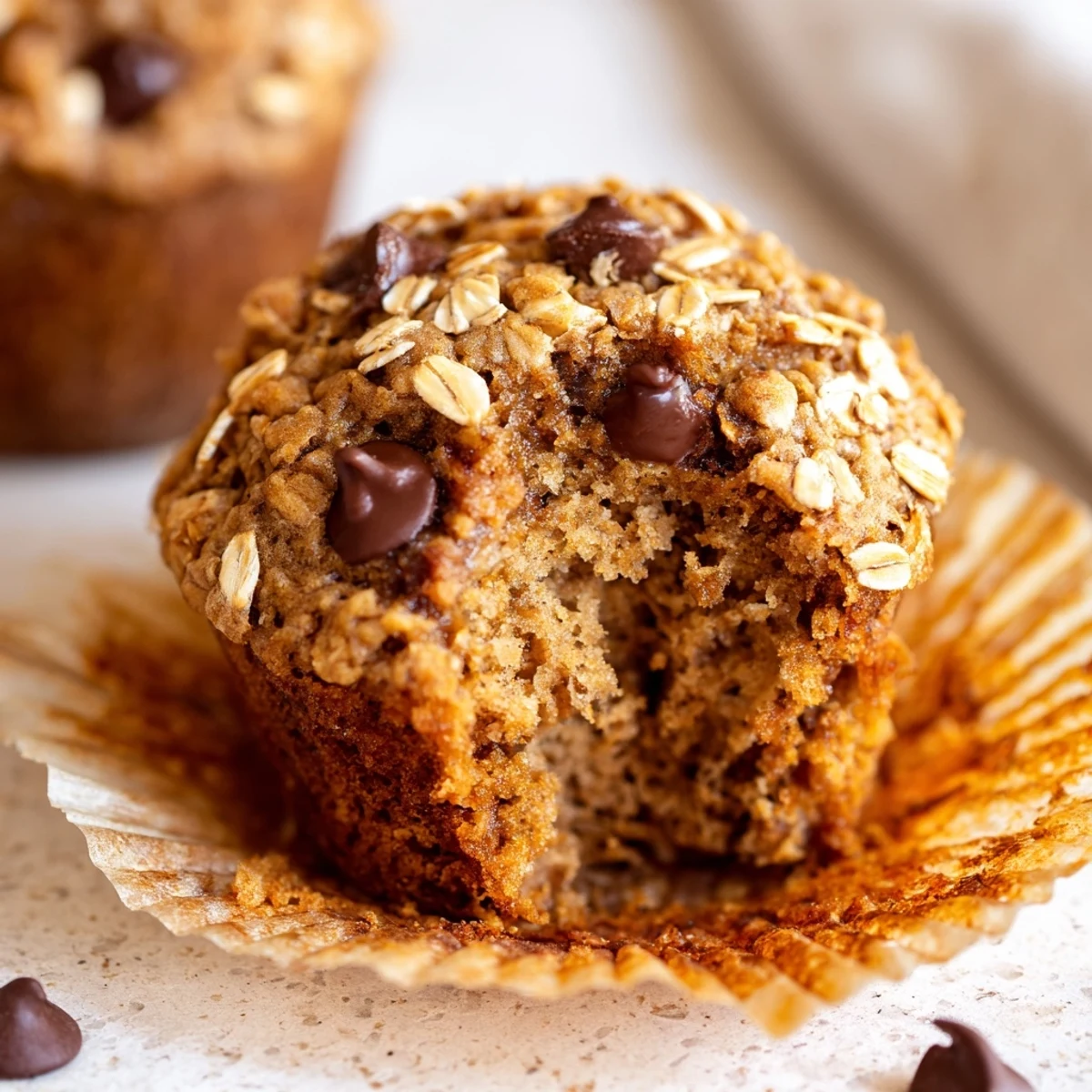 Warm banana chocolate chip muffins with oats displayed on wooden board, showcasing moist texture and hearty oats