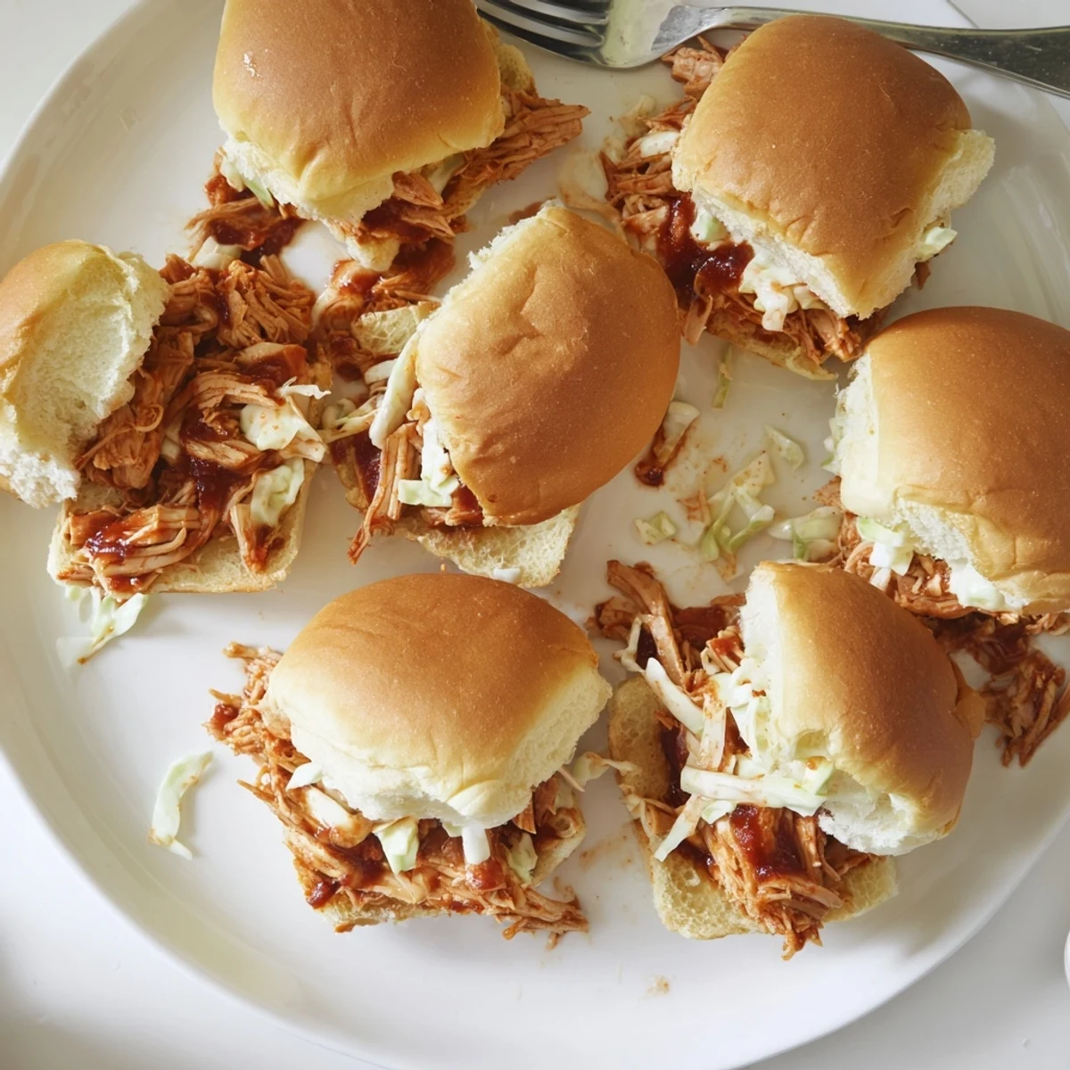 Tender smoky BBQ pulled chicken piled high on golden toasted Hawaiian sweet rolls